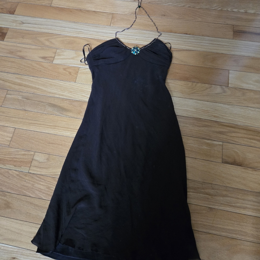 Express Dark Brown Backless Dress with Turquoise AccentChicilat